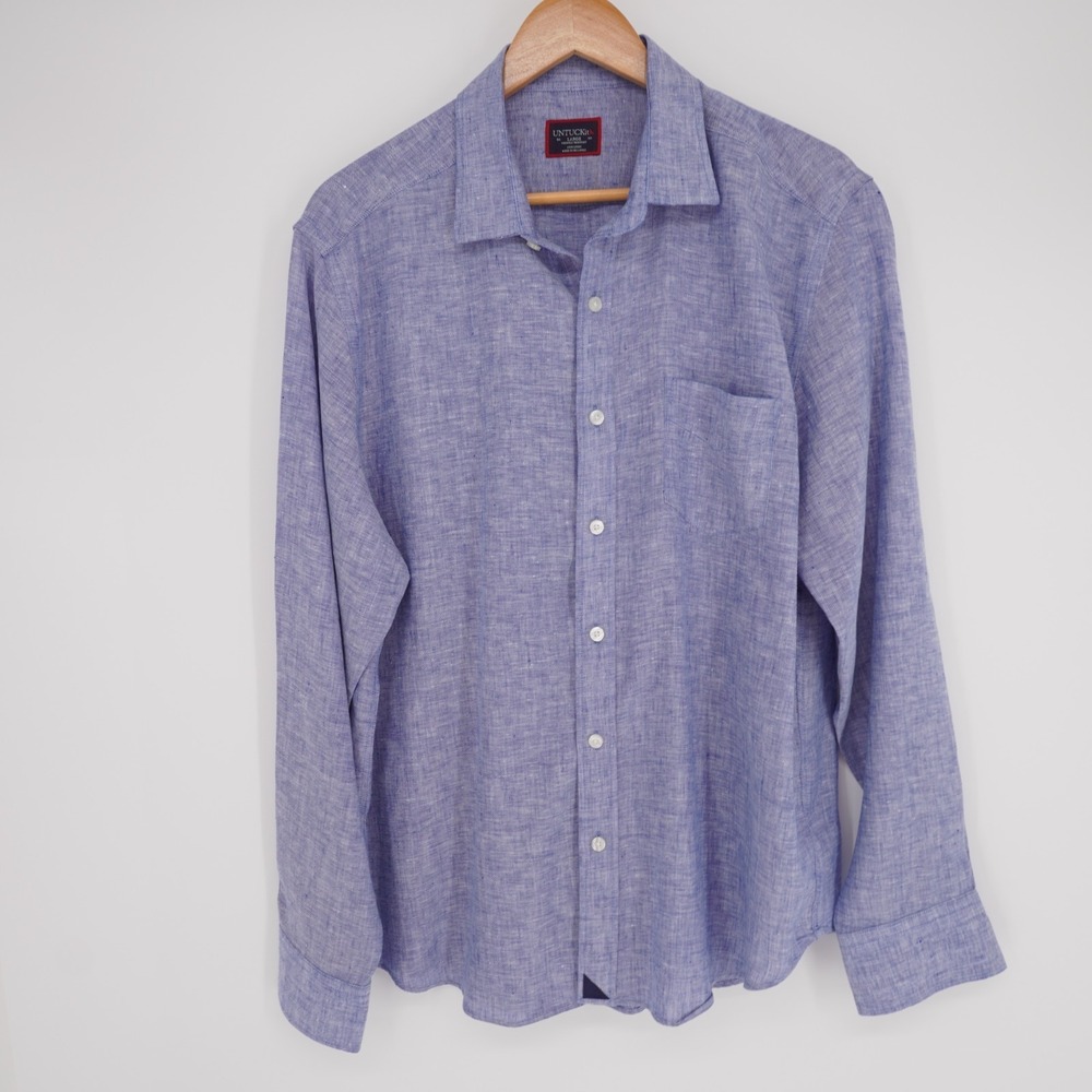 Untuckit Linen Button Up Shirt Large Slim Fit Blue Wrinkle Resistant Long Sleeve - Picture 12 of 13